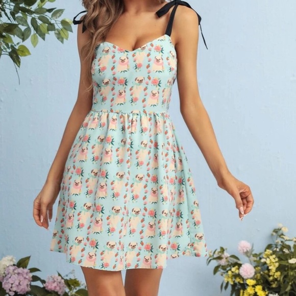 Elenapugger pug dog print blue knot shoulder shirred back slip dress. - Picture 2 of 8